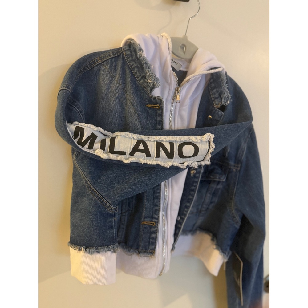 American Bazi Women Cropped Hoodie Denim Jacket Fashion Tour Blue White - Picture 10 of 13